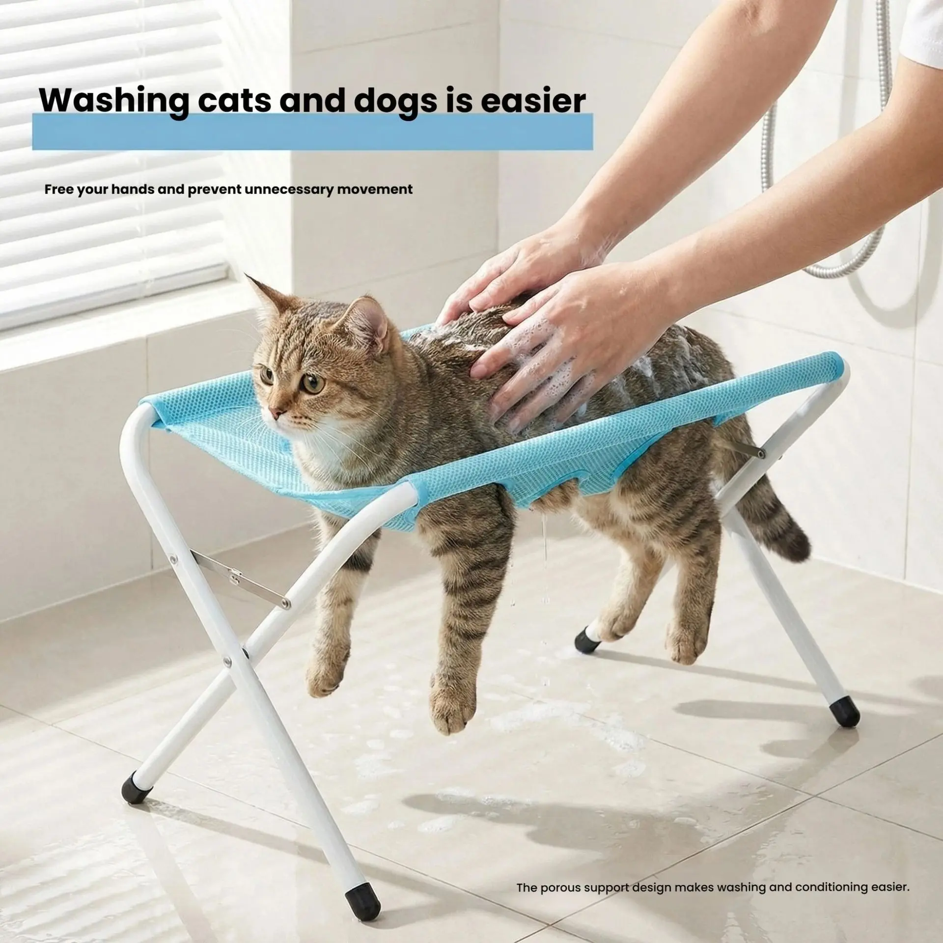 1PC Foldable Pet Grooming Hammock, Grooming Tools, Grooming Supplies, Scratch Bite Resistant Sling for Small Dogs Cats, Multifunctional Bath Stand for Washing Drying Nail Trimming, Portable Breathable Mesh Grooming Table, Grooming Accessories