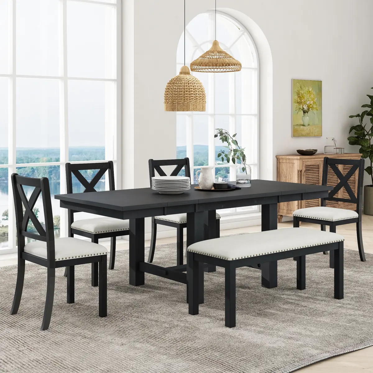 AobtkelTOPMAX Farmhouse 82inch 6-Piece Extendable Dining Table with Footrest, 4 Upholstered Dining Chairs and Dining Bench, Two 11"Removable Leaf, Black+Beige Cushion