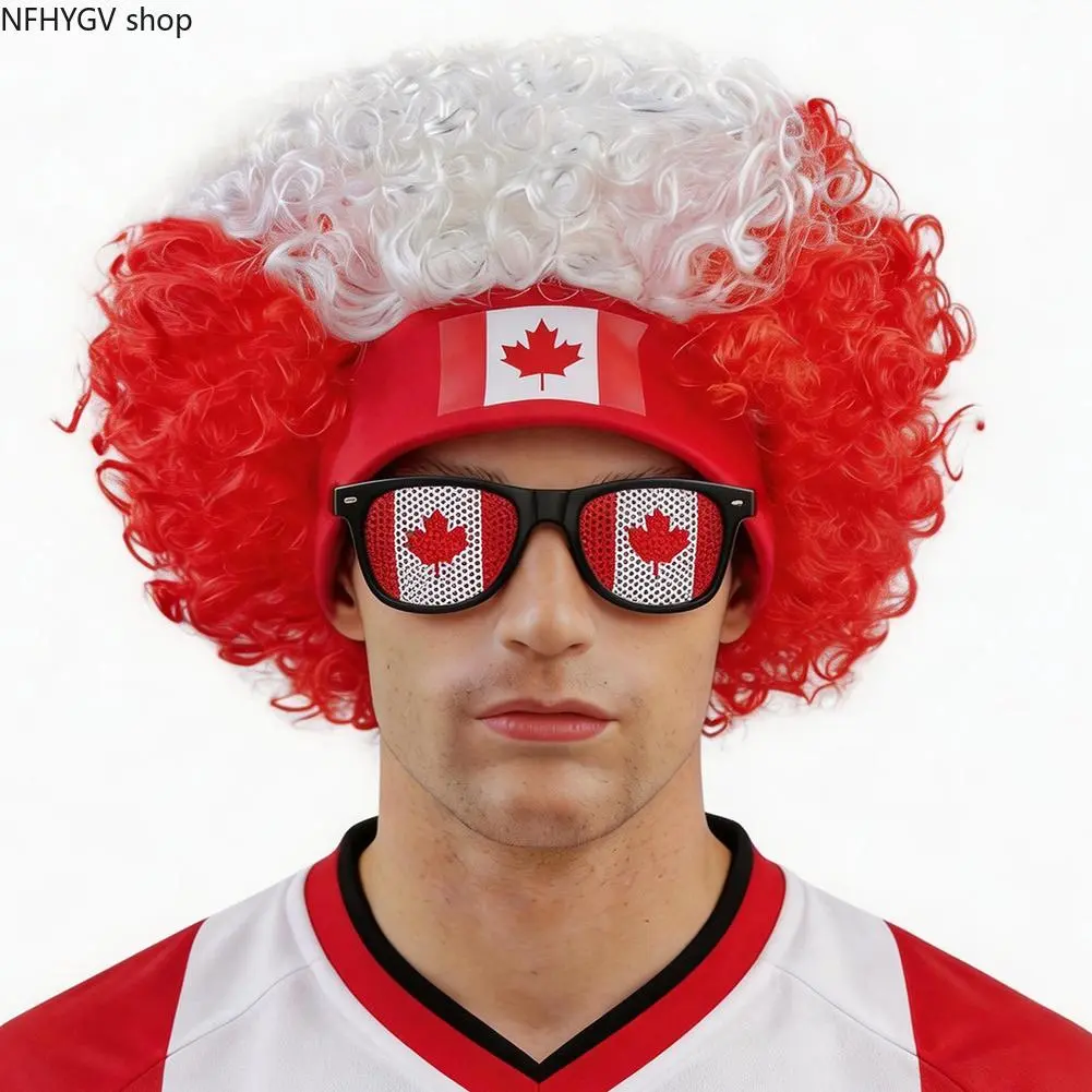 Canada Maple Leaf Red White Split Curly Afro Wig & Maple Lens Sunglasses Set, Patriotic Fan Costume Accessory, Victory Celebration Gift For Hockey Game Canada Day Parade National Team Match And Fan Party Outfit