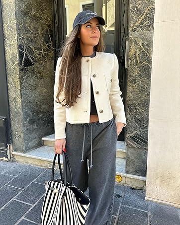 Women's Tweed Blazers Long Sleeve Business Button Down Casual Cropped Blazer Jackets with Pockets