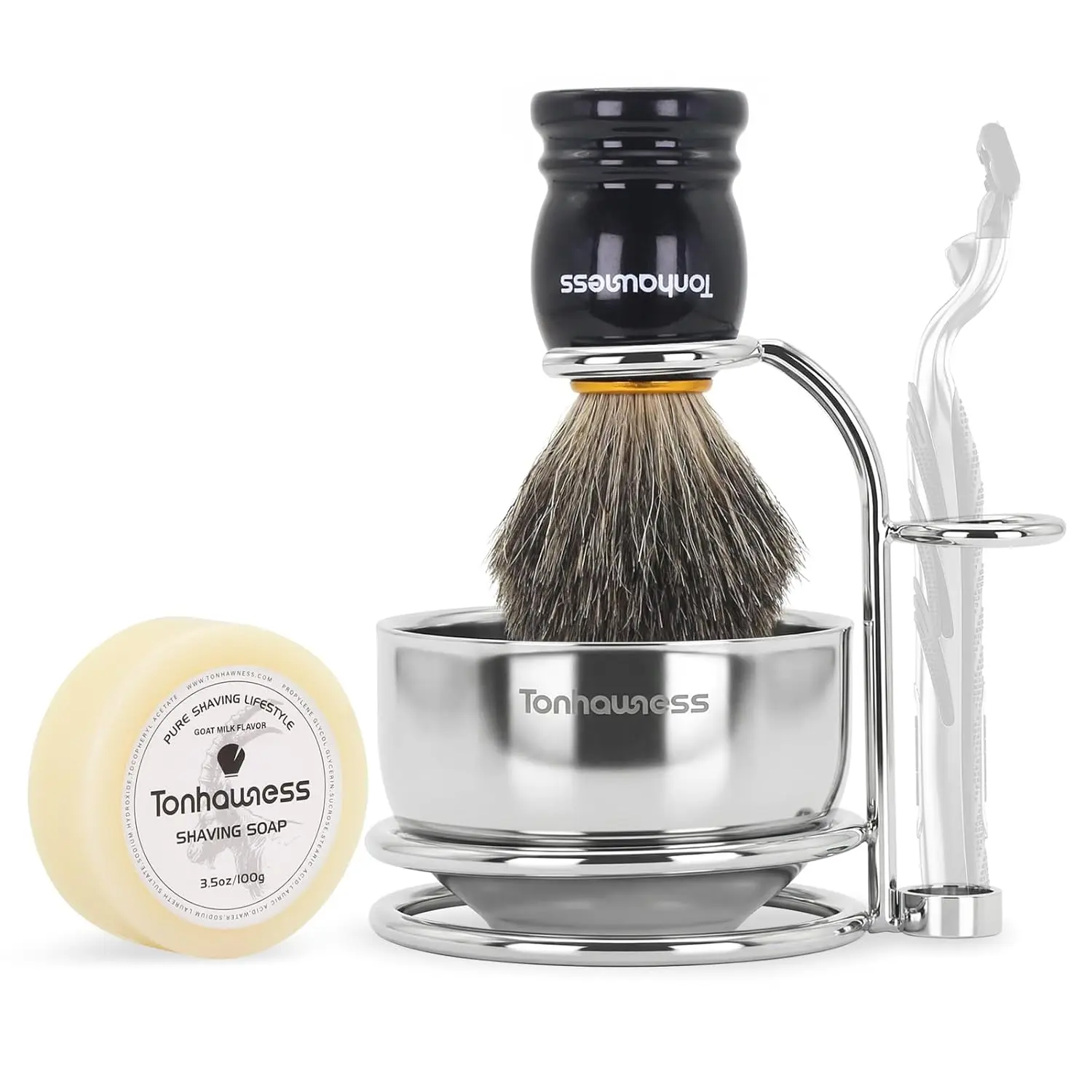 Men's Black Wet Shaving Kit, Badger Hair Wood Handle Shaving Brush, Goat Milk Shaving Soap, Stainless Steel Dual-ring Base Shaving Stand, 3 Layers Shaving Bowl