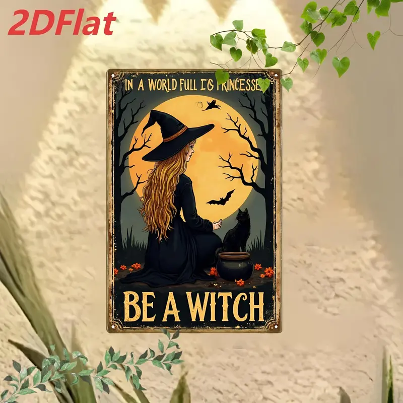2D Flat, 2D Flat 1pc, Witches Brew Coffee House Stop in for a Spell, Metal Sign, Halloween Witch Decor Wall Hanging Vintage Artistic Decor for Cafe, Kitchen, Bar, Decorative Signs & Plaques 8x12 Inch, 2D Flat