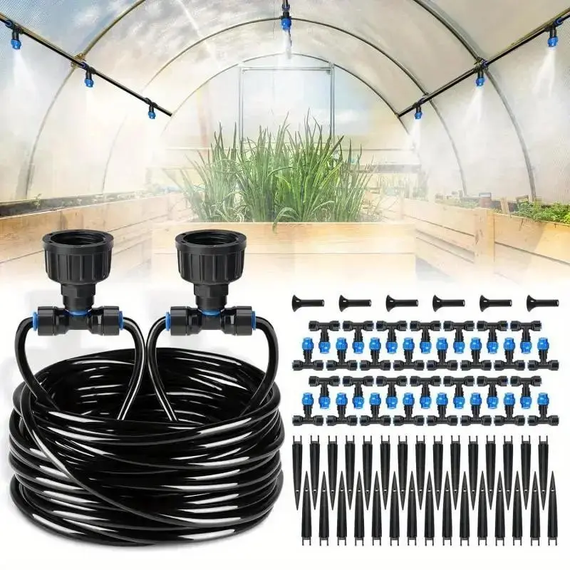 59ft to 118ft  Automatic Irrigation Kit, Greenhouse Mist Cooling System, Hanging Plants Automatic Irrigation Set Suitable for Courtyard Gardens, 1/4 Inch Adjustable Mist Nozzles with Quick Connector Design, Automatic Irrigation Equipment
