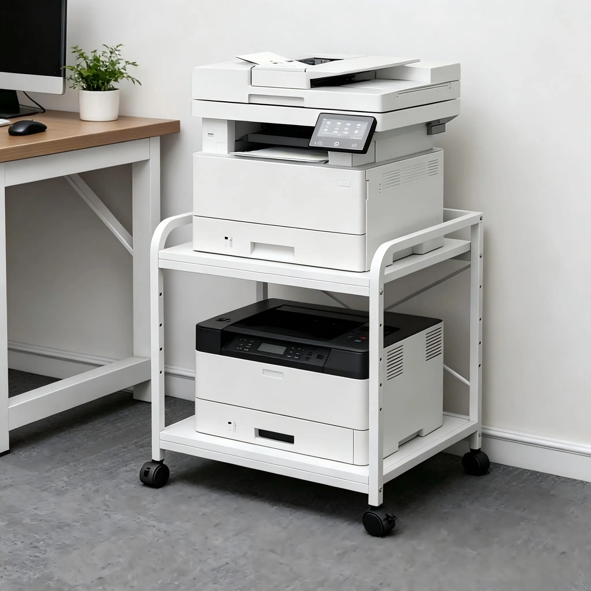 2-Tier Under Desk Printer Stand with Storage, 20in Deep Office Furniture with Height-Adjust Shelf & Rolling Wheels, White/Black Options for Home Office Organization