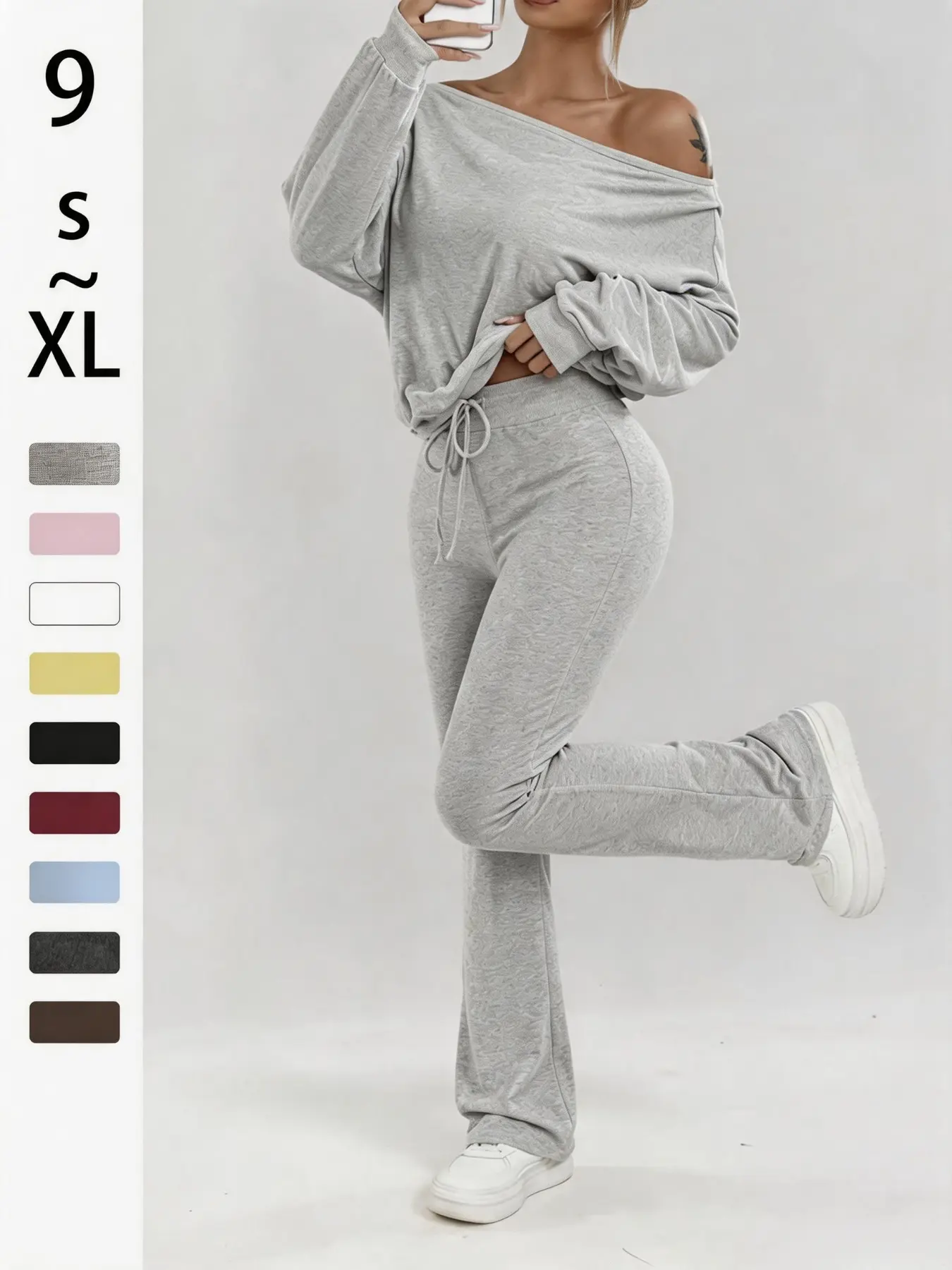 Women's Two-Piece Sportswear Set, High Stretch Activewear Loose Fit, One-Shoulder Long Sleeve Tee & Sweatpants, Casual Gym Workout Sets, Gym Wear, Sportswear For Gym, All Seasons, Plain Sweatpants Set