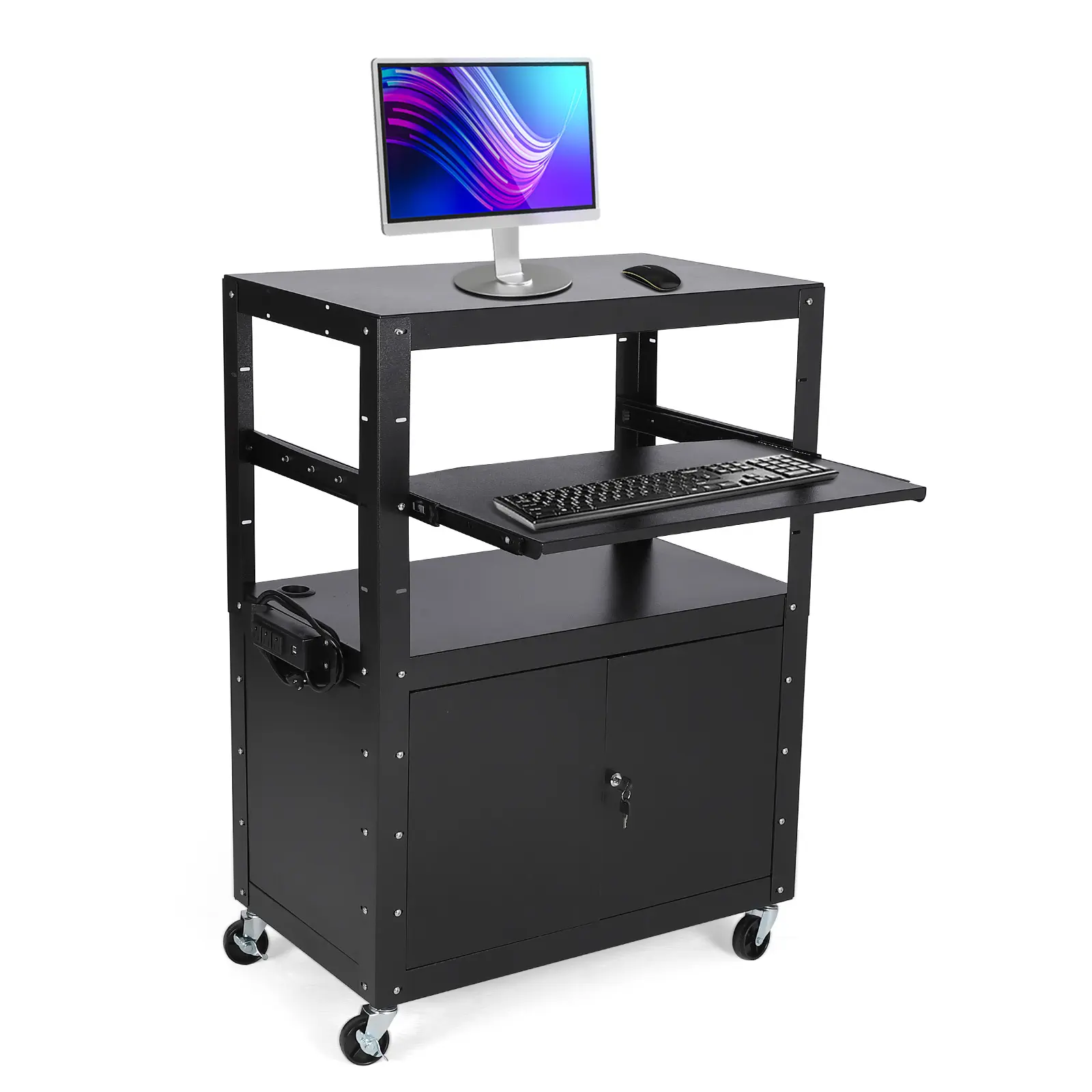 Mobile AV Cart with Locking Storage Cabinet, Adjustable Laptop Stand & Drop Leaves, Rolling Workstation with Power Outlets for Classroom, Office, or Home Use