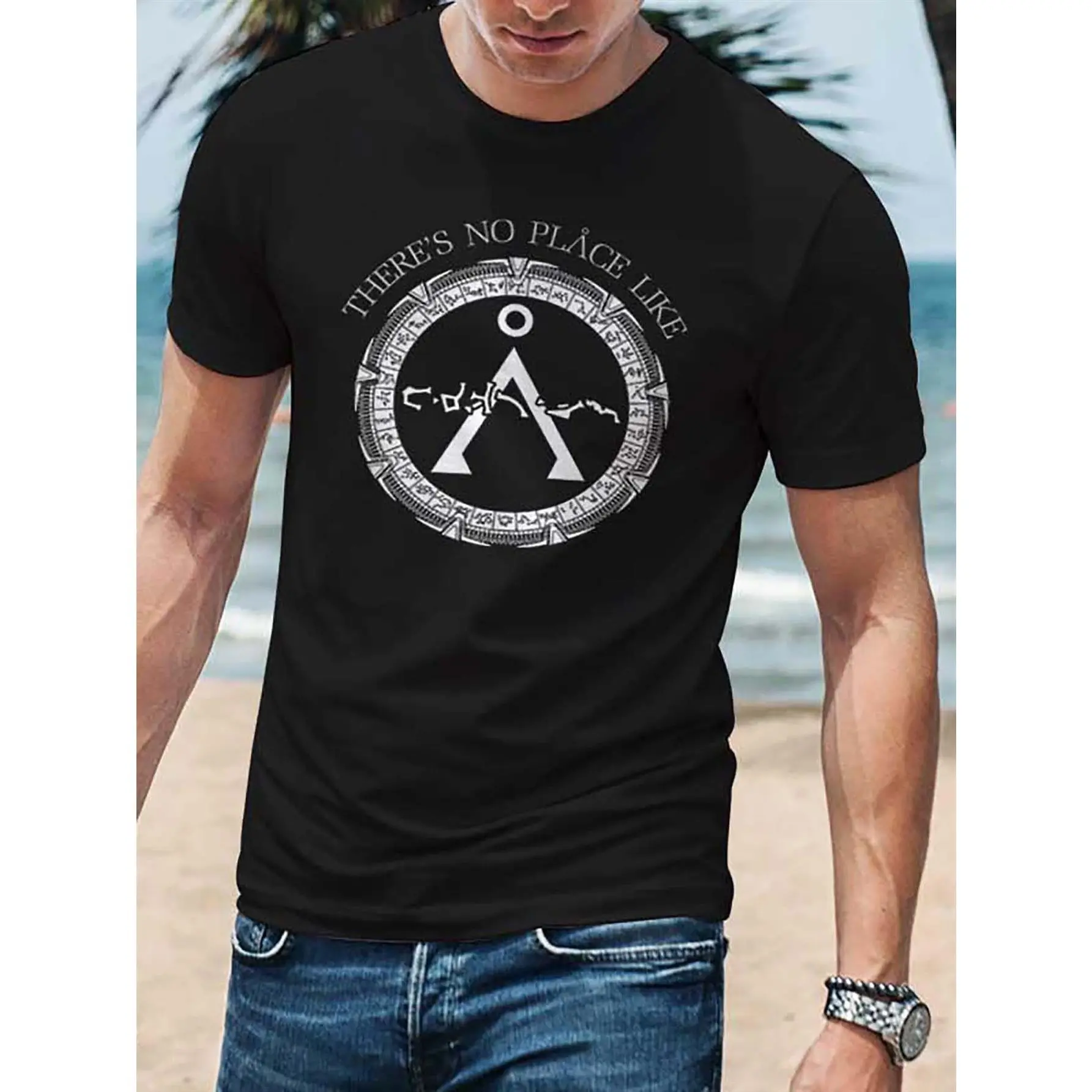 Men's Stargate Graphic T-Shirt, Retro "No Place Like Home" Print 100% Cotton Tee, Basic Short-Sleeve Casual Round Neck Top, Cute, Preppy, Shortsleeve, Foldable, Graphic Print, All Seasons, Retro Cute, Athletic, Garment, Cold Wash, Retro Preppy