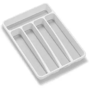 Small Silverware Tray, Compact 5 Compartment Flatware Organizer for Forks, Knives & Spoons, Non Slip, Soft Grip Lining, Fits Small Drawers, White