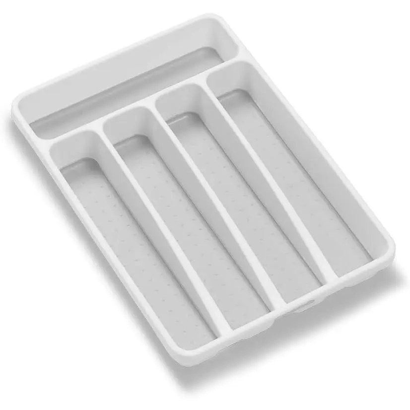 Small Silverware Tray, Compact 5 Compartment Flatware Organizer for Forks, Knives & Spoons, Non Slip, Soft Grip Lining, Fits Small Drawers, White