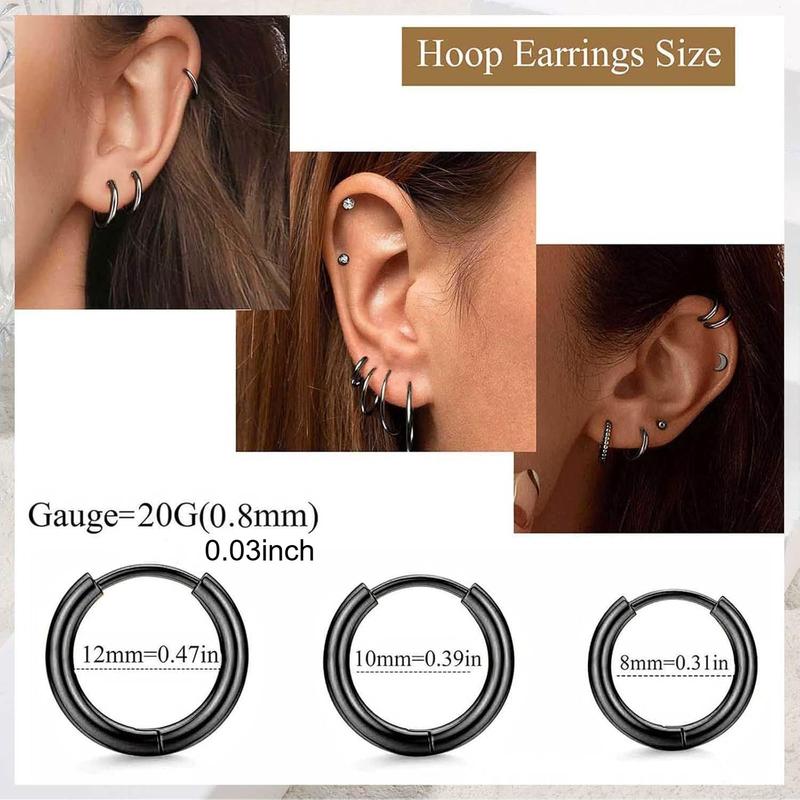 Trendy 8 Pairs Simple Classic Stud Hoop Earrings Mysterious Surgical Steel Earrings for Sensitive Ears Hypoallergenic for Women Men Charming Small CZ Flat Back Cartilage Earrings Set Unique Design Show An Unrestrained Attitude Simple Smooth Surface