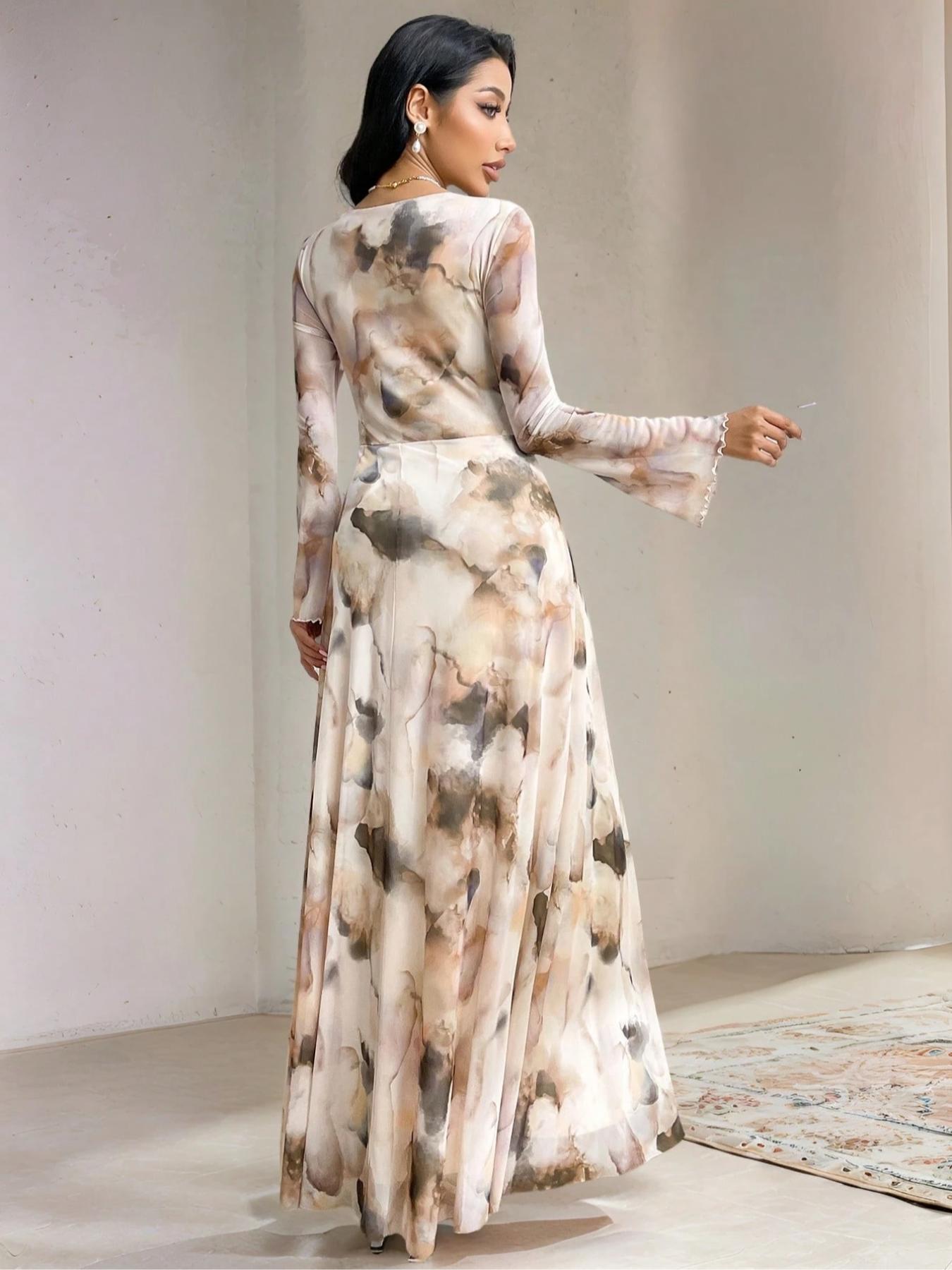 Elegant Women's Tie-Dye Print Long Sleeve Round Neck Maxi Dress, Party Wear Formal Gown, Ladies Fashionable Chic Evening Dresses