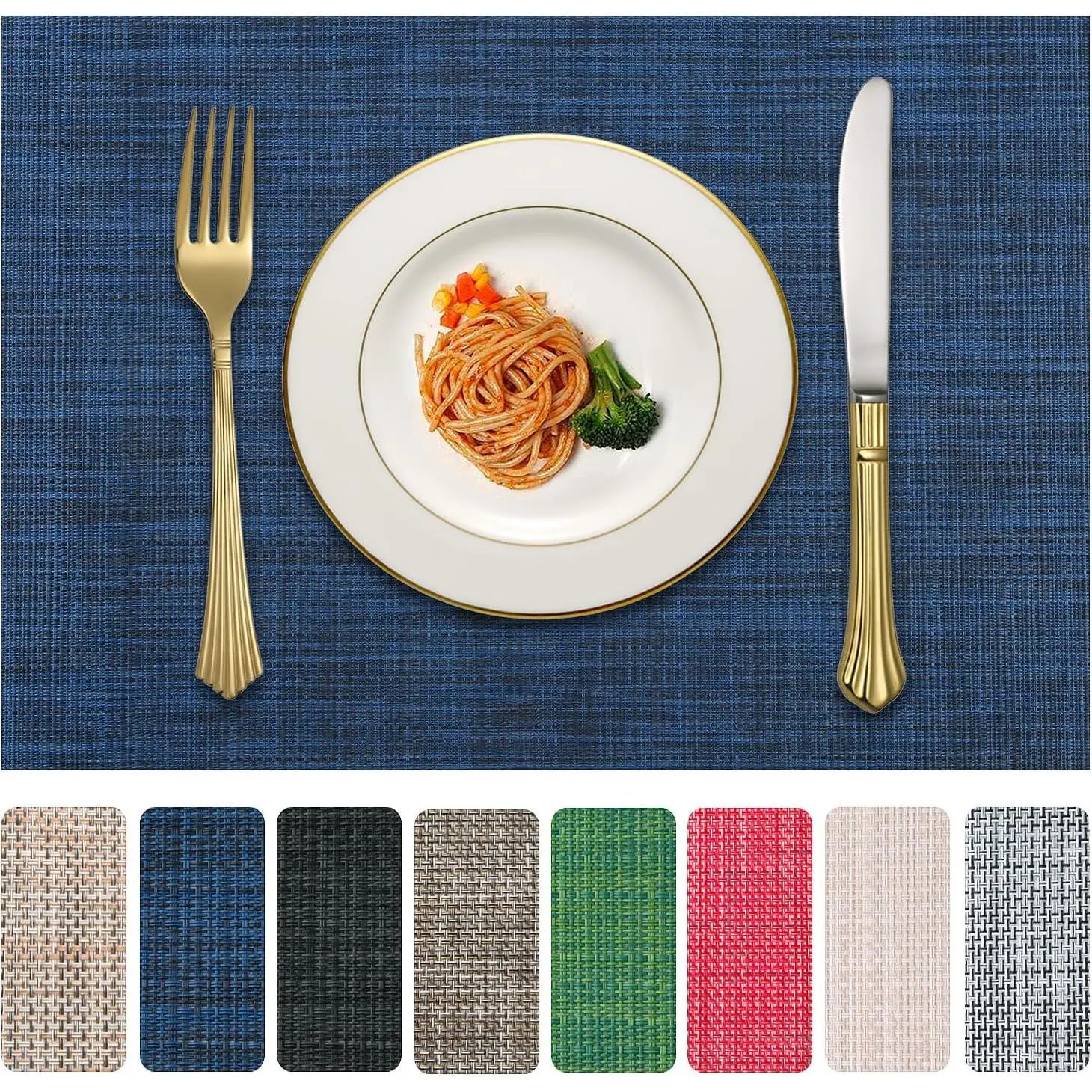 Classic Stylish Rectangular Vinyl Placemats Set of 4, PVC Woven, Non-Slip, Heat-Resistant, Wrinkle-Free, Easy Clean Dining Table Mats (Navy Blue)