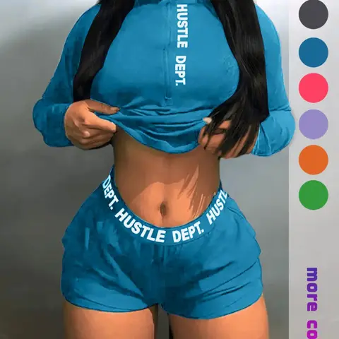 Women's Letter Print Quarter-Zip Stand-Collar Slim Top & Shorts with Pocket Set, Long Sleeve Two-Piece Outfit for Daily Wear, Knitted Matching Set, Womenswear, Clothes