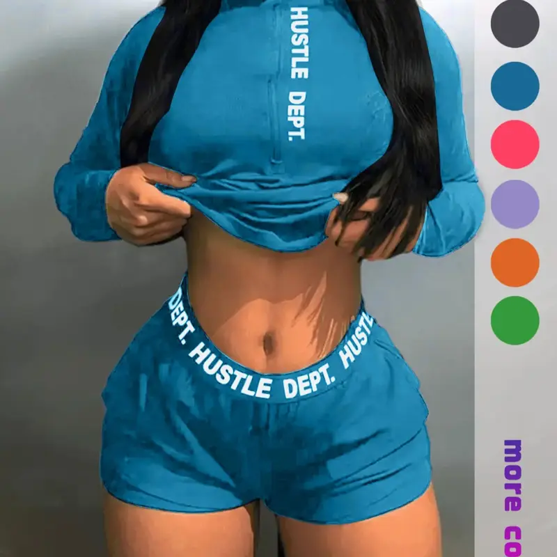 Women's Letter Print Quarter-Zip Stand-Collar Slim Top & Shorts with Pocket Set, Long Sleeve Two-Piece Outfit for Daily Wear, Knitted Matching Set, Womenswear, Clothes
