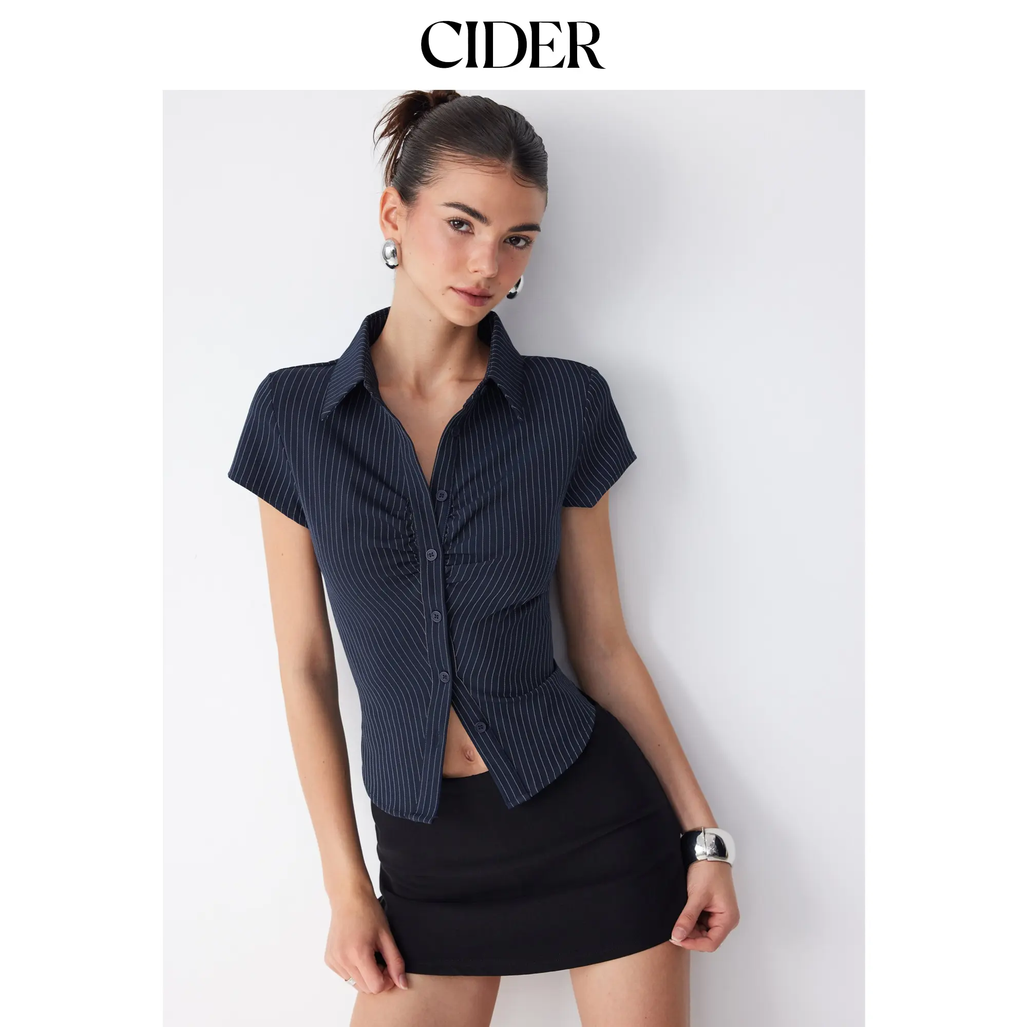 Cider Striped Short Sleeve Ruched Drawstring Shirt