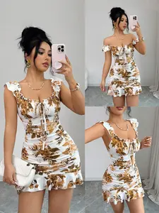 Women's Summer Knit Floral Printed Bodycon Mini Dress, V Neck and Round Neck, Fashion Boho Style Dresses Hollow Out Bow Design, Elegant French Ruffle Hem