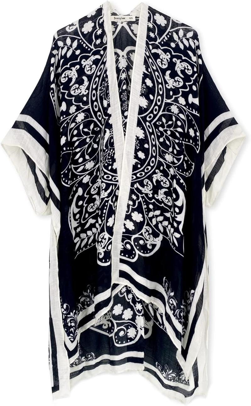 Black and White Kimono Cardigan for Women Lightweight Flowing Open Front Cover Up with Boho Ethnic Print Chic Monochrome Style Ideal for Summer Beach Vacation Cruise Pool Resort Travel Daily Layer for Sun Protection or Casual Outfits Black and White Kimono Cardigan for Women Lightweight Flowing Open Front Cover Up with Boho Ethnic Print Chic Monochrome Style Ideal for Summer Beach Vacation Cruise Pool Resort Travel Daily Layer for Sun Protection or Casual Outfits