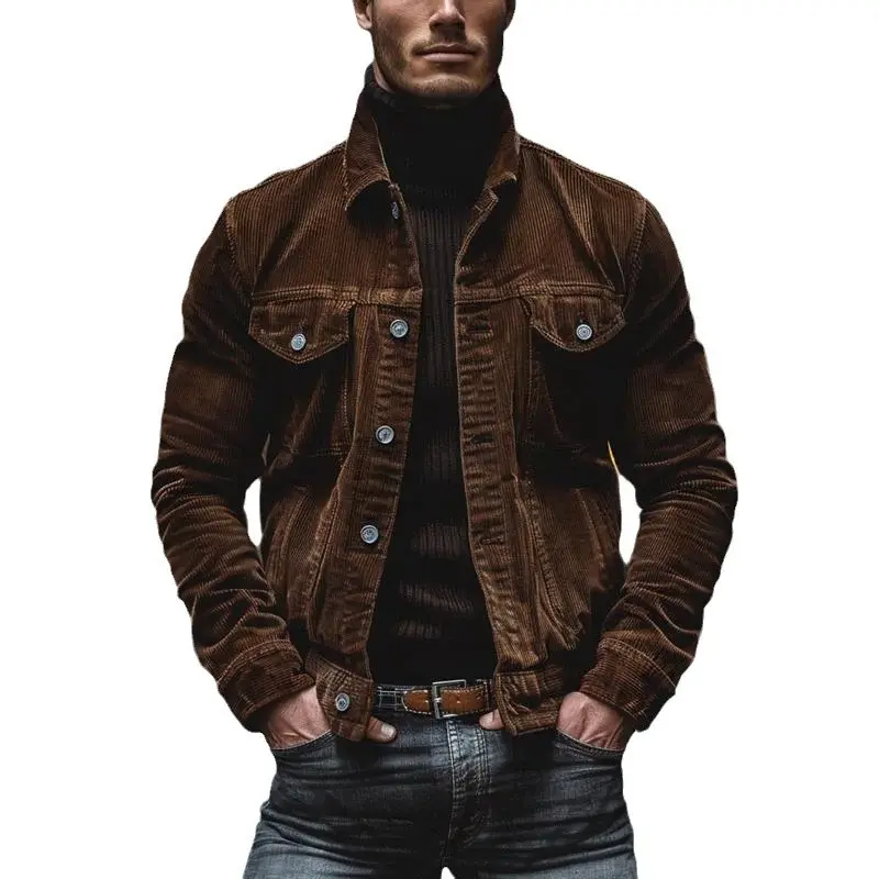 Men's Retro Corduroy Jacket - Western-Style Coat with Striped Lapel, Long Sleeve for Business, Office
