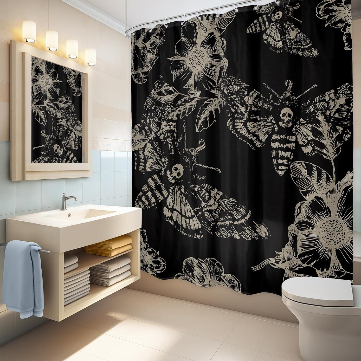 Skull Moth Pattern Shower Curtain Sets, 1 Count Bathroom Interior Curtain with Hooks, Bathroom Accessories for Home Hotel Salon Dormitory Decor, Showercurtain, Bathroom Decoration Accessories