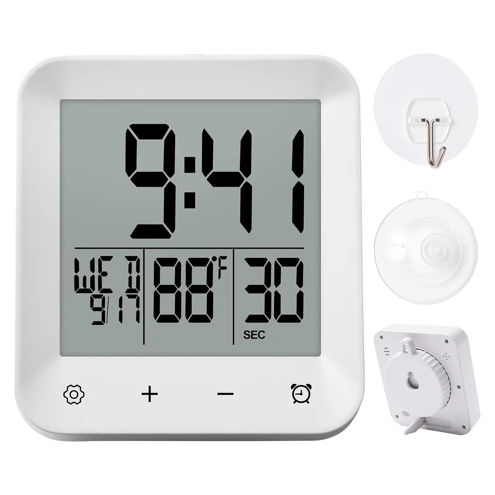 Waterproof Shower Clock with Timer, Bathroom Wall Clock with Temperature, Date & Day Display, Battery Operated LCD Digital Clock for Bath and Kitchen (White)Gift