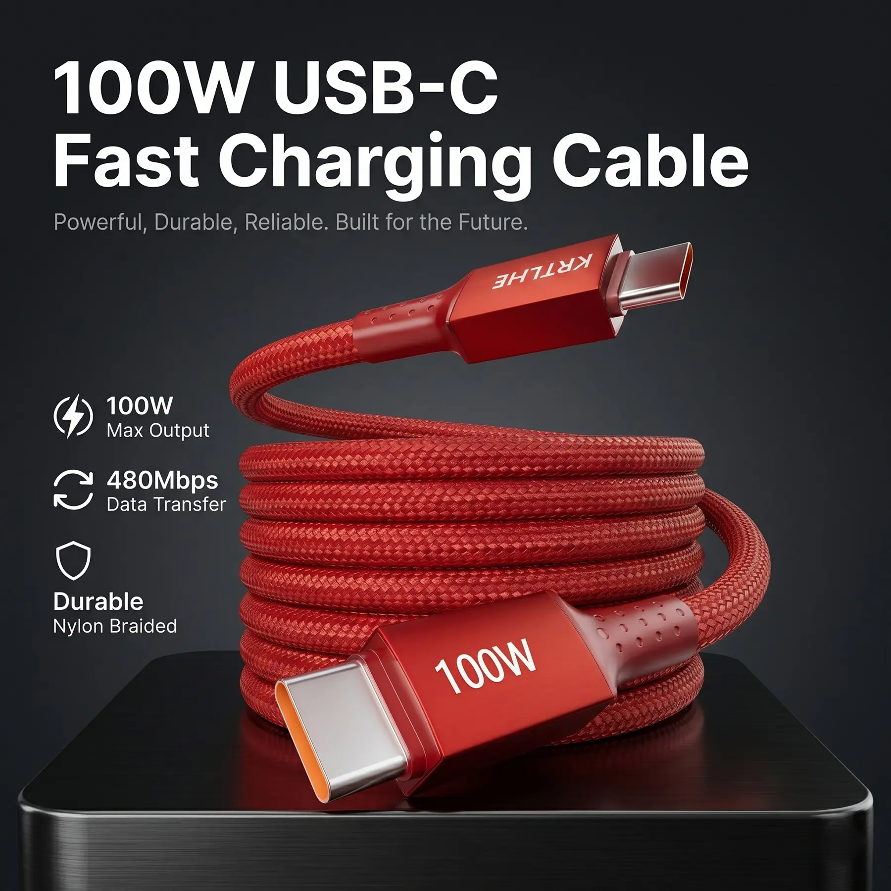KRTLHE 100W Fast-Charging Cable (Supports Data Transfer), solid usbc cable as reliable usb c to usb c cable with tangle-free braided shell, crafted for iPhone 15/16, MacBook, iPad, Samsung, Xiaomi and electronics, available in 6 colors.