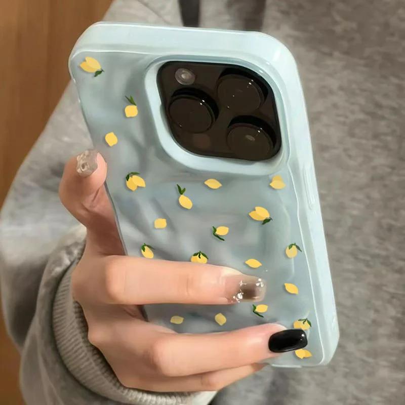 Yellow Lemon Shockproof Anti-Scratch Protective Case for iPhone 11 12 13 14 15 16 17Pro Max 14 Plus Folds Texture Soft Funda Cover
