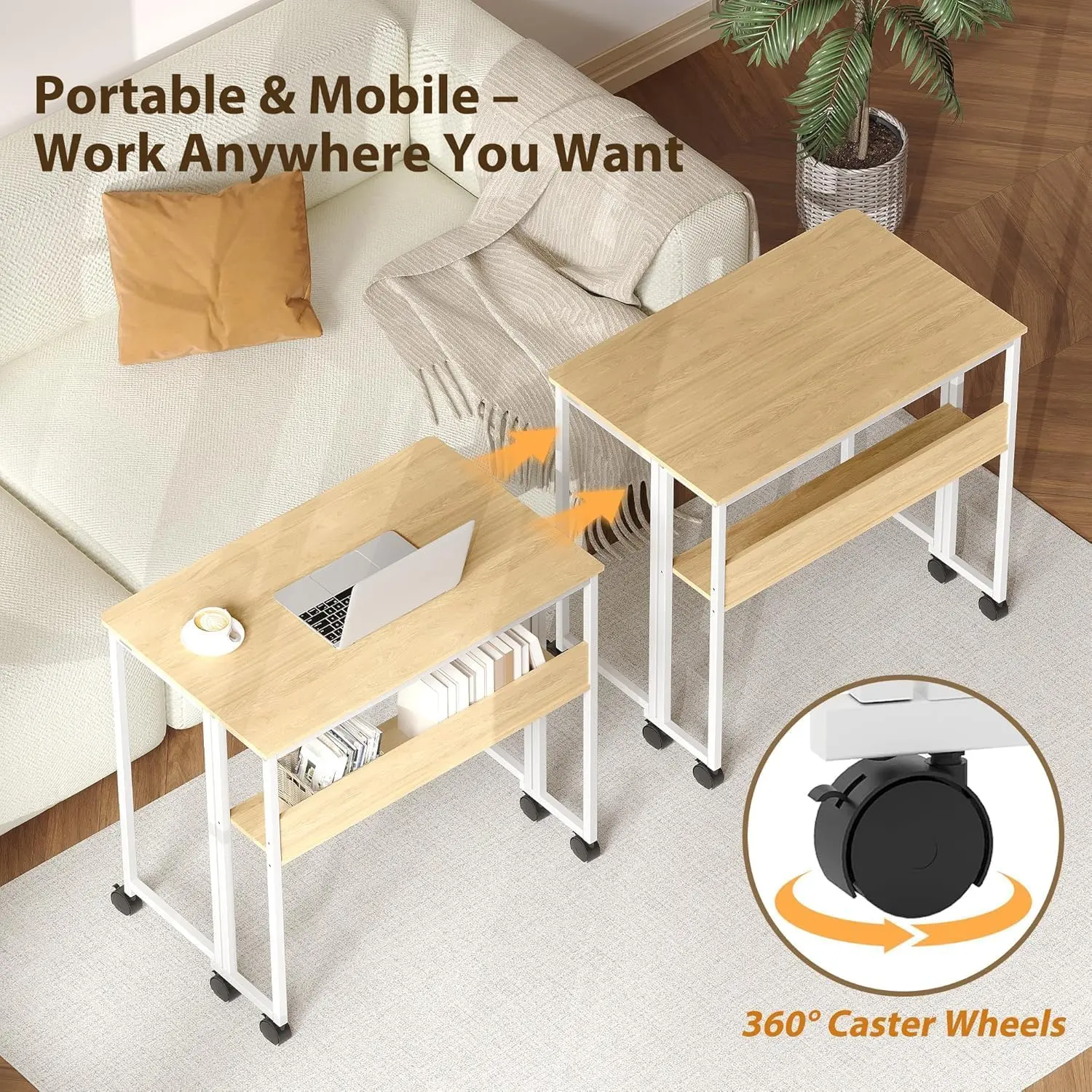 Garvee Space-Saving Folding Computer Desk with Storage Shelf - Mobile Rolling Table for Small Spaces, Home Office, Bedroom, Study - Oak & White Collapsible Writing Desk, Easy Assembly, 24.8'' Table on Wheels