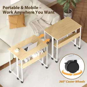 Garvee Space-Saving Folding Computer Desk with Storage Shelf - Mobile Rolling Table for Small Spaces, Home Office, Bedroom, Study - Oak & White Collapsible Writing Desk, Easy Assembly, 24.8'' Table on Wheels