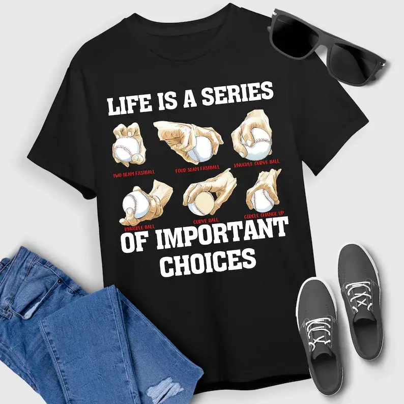 Unisex Menswear Cotton Short-Sleeve Casual Print Baseball T-Shirt - Baseball Pitches & Life Choices Design, Curved Hem, Pitcher Player Gift for Men, Women