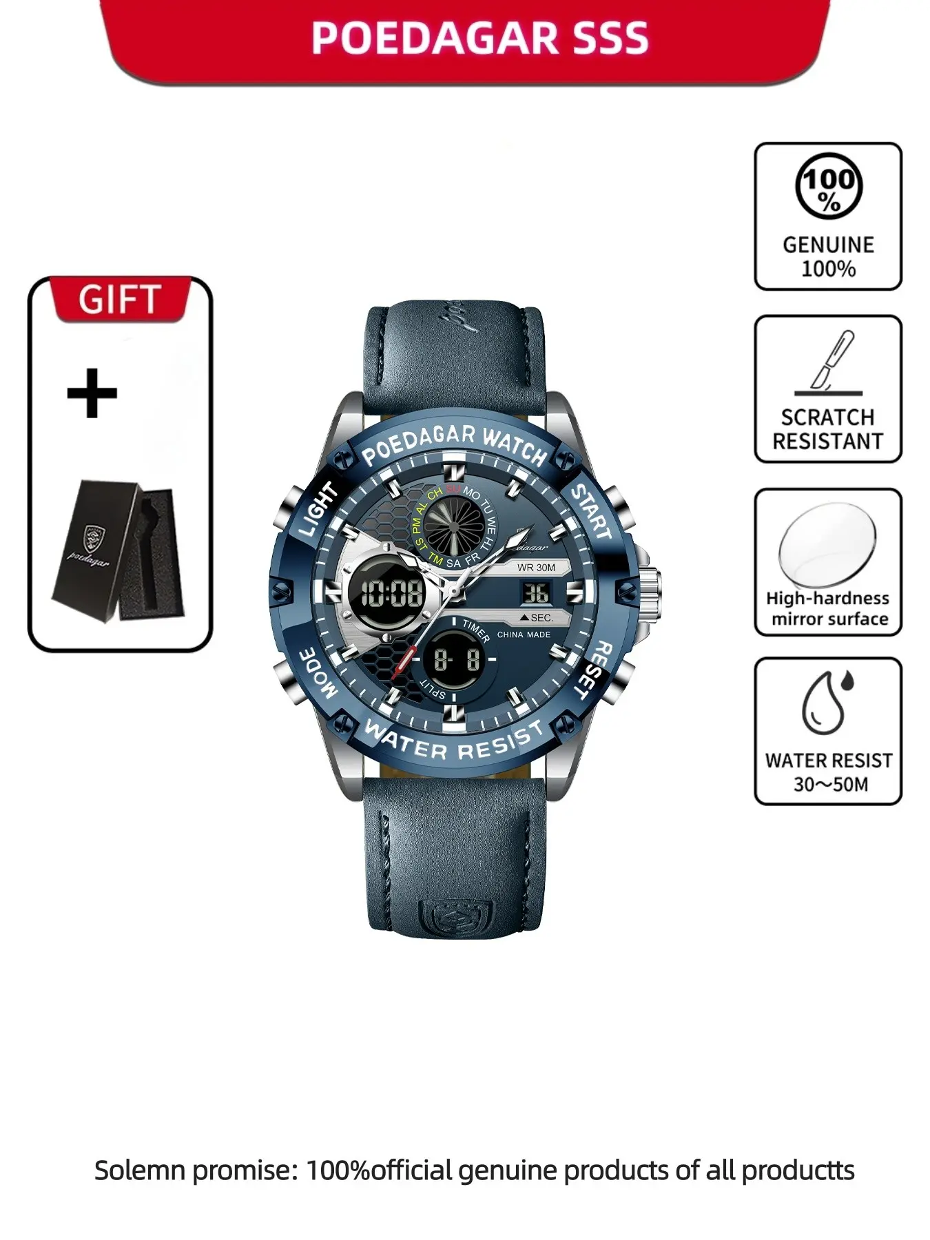 POEDAGAR top-tier fashionable men's quartz watch, waterproof electronic LED luxury men's watch, dual time zone display digital leather men's watch