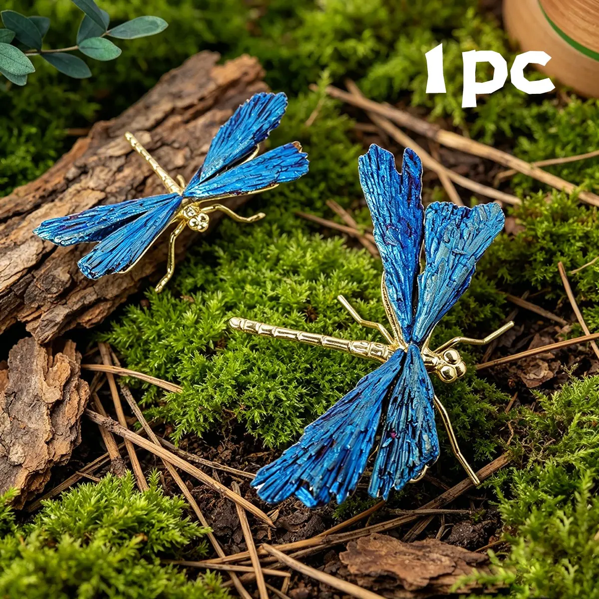 Handmade Natural Crystal Dragonfly Statue, Tourmaline with Blue Flame Aura Feather, Creative Animal Decor Craft for Home Wholesale