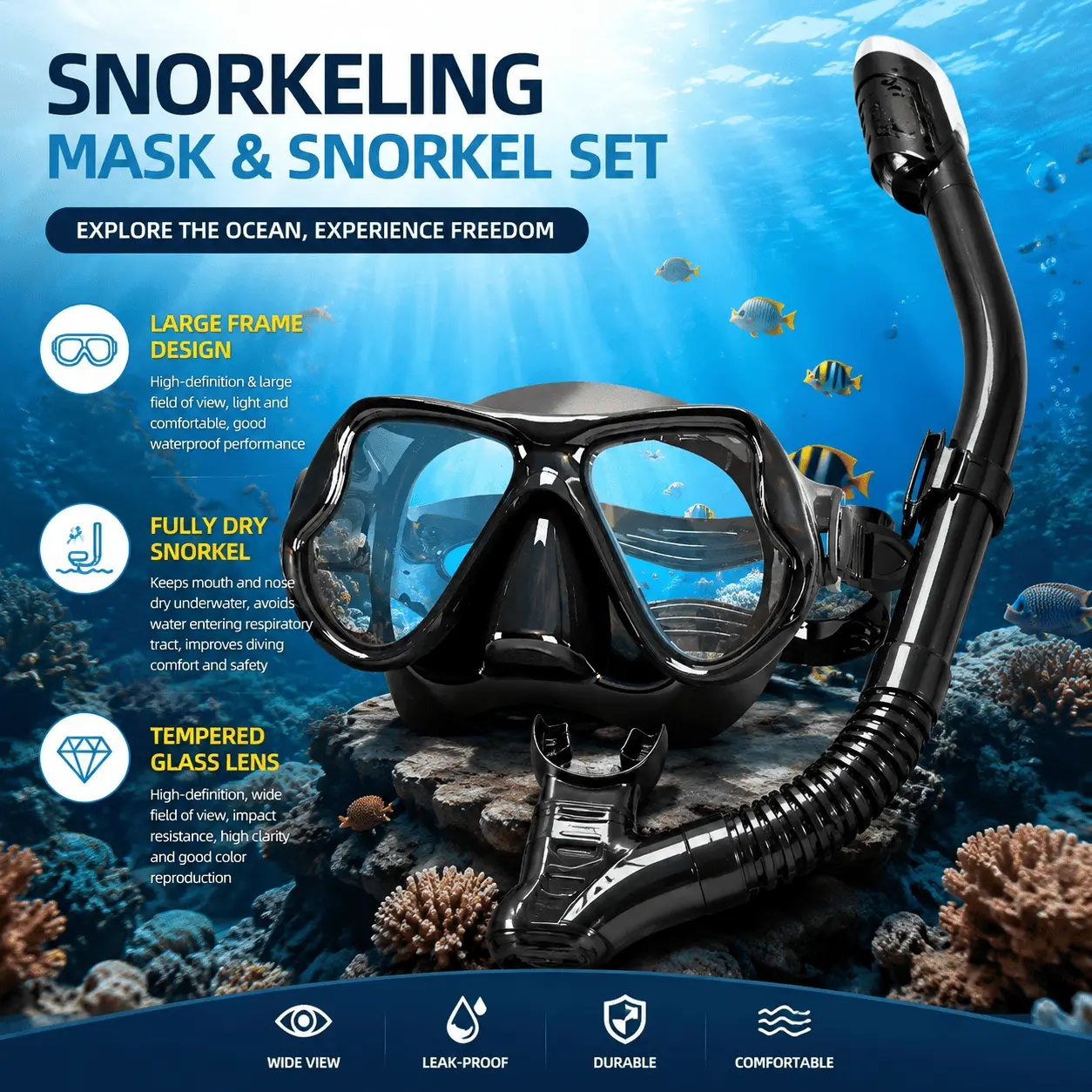 Professional Snorkeling Gear Kit with Silicone Swim Goggles & Leak-Proof Full Face Mask for Men and Women, Comfortable High-Performance Gear for Beach Travel, Swimming, and Diving Adventures