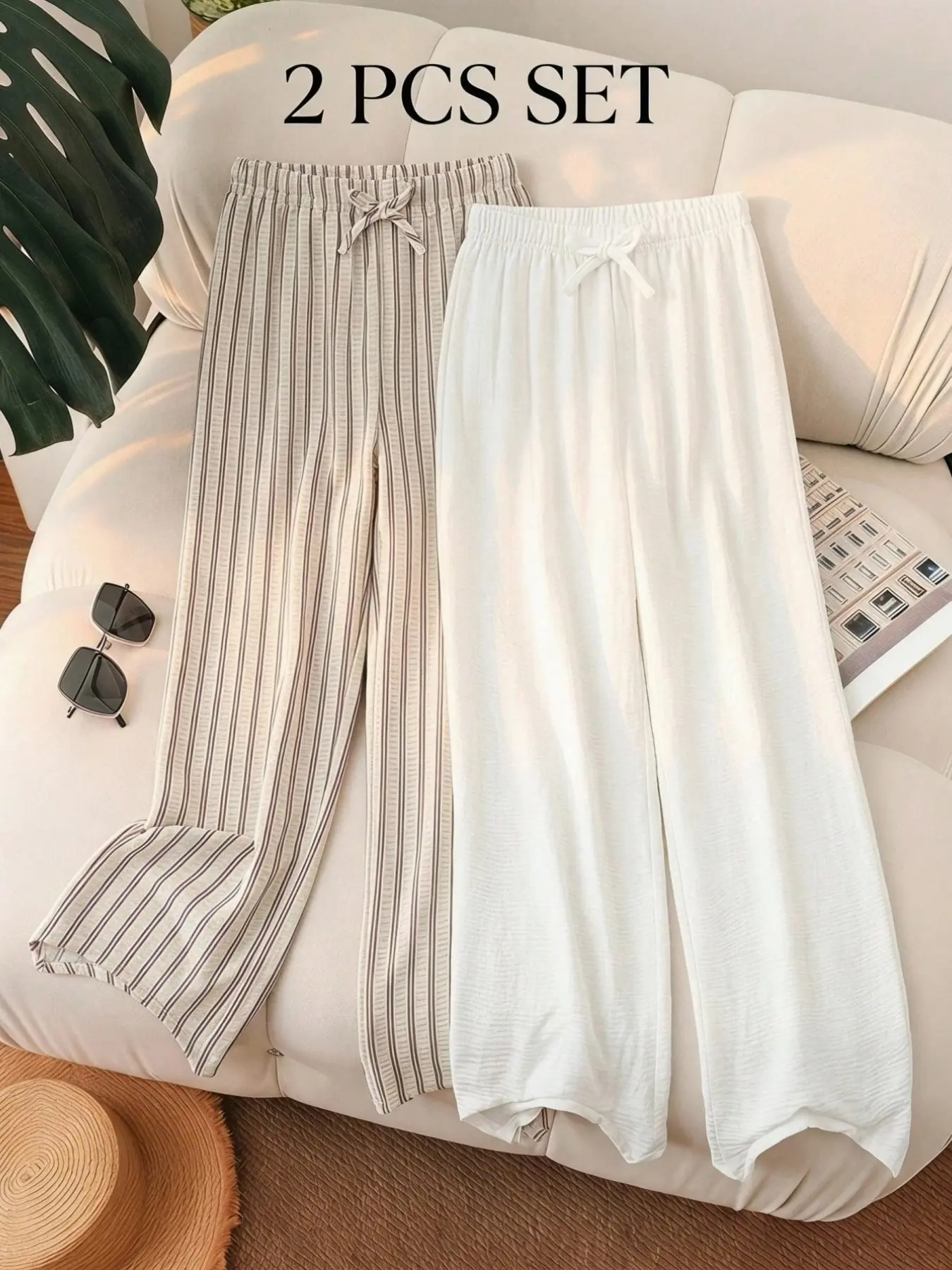 Girls' Two-Pack Waffle Texture Wide Leg Pants, Striped and Solid, Summer Breathable Casual Straight Leg Pants for Kids