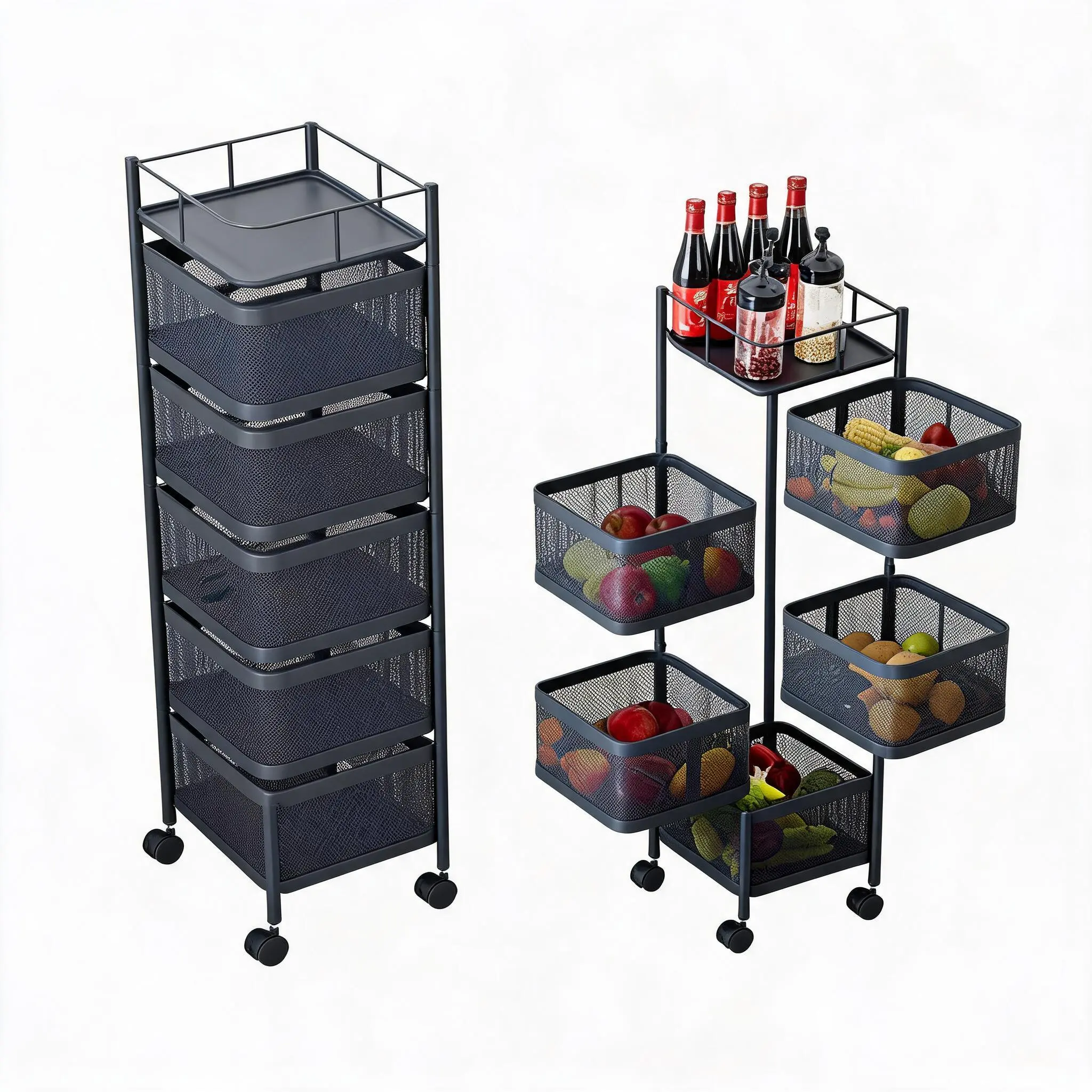 5-Tier Kitchen Organizer Cart with Wheels, Heavy-Duty Carbon Steel Storage Rack, 360° Rotating Pantry Shelf for Fruits and Vegetables