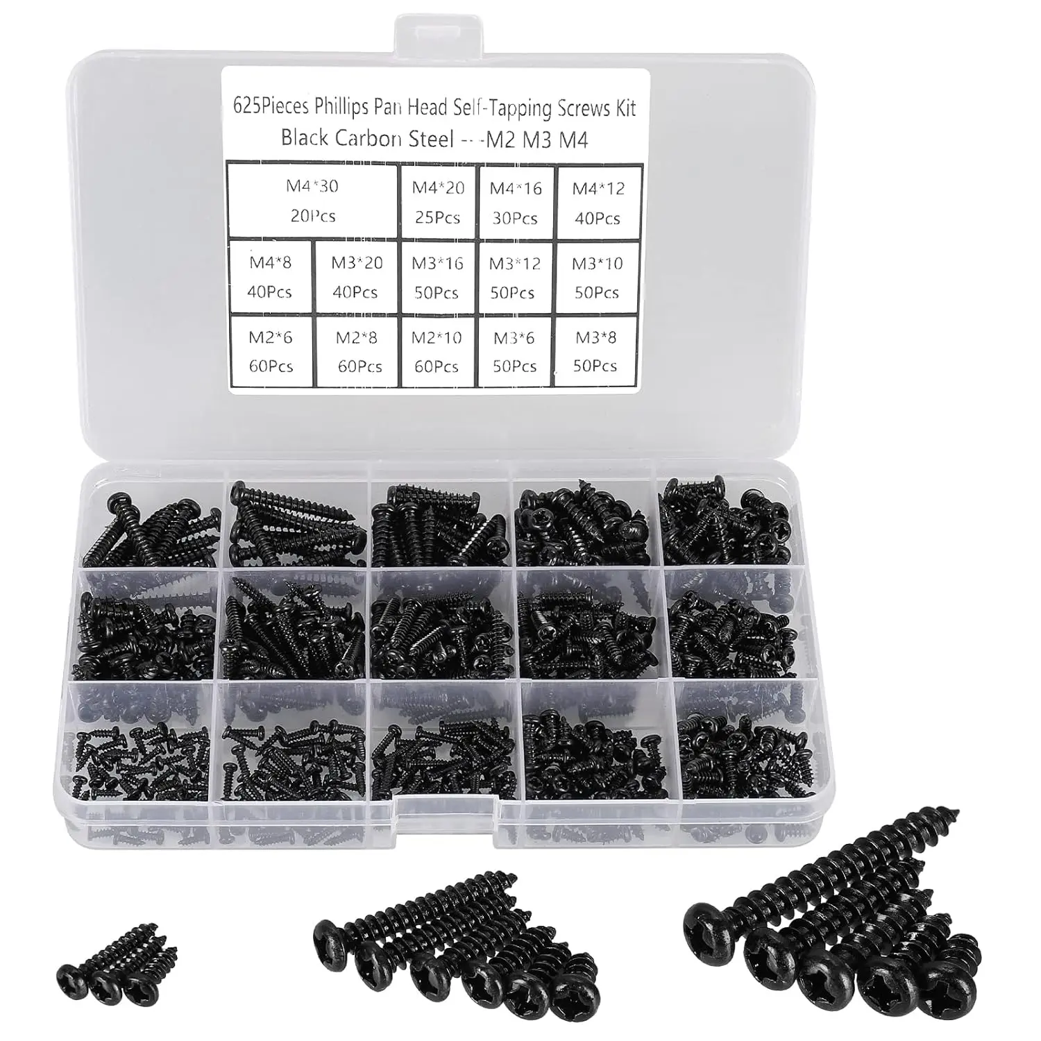 625 count M2 M3 M4 Phillips Pan  Self-Tapping  Screws,14 Sizes  Recessed Round  Self Tapper Screws  Kit for ,Plastic and Soft Metal,Black Carbon Steel, Point