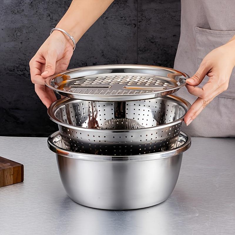 3 Piece Stainless Steel Kitchen Set with Integrated Grinder Multifunctional Strainer and Mixing Bowl Perfect for Cleaning Slicing Vegetables Fruits Cheese Safe Food Grade Design with Drainage System Ideal for Home Cooking and Kitchen Use