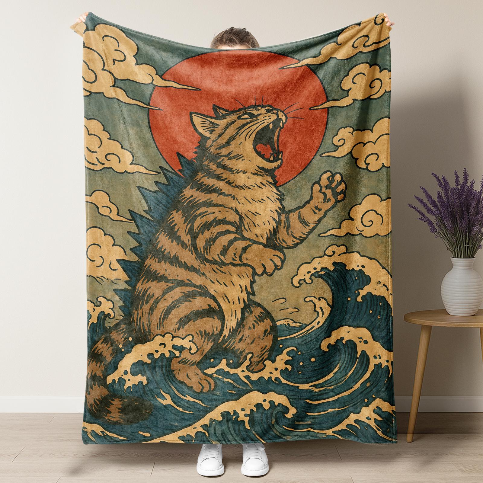 Pugzilla Catzilla "Godzilla" Meme Flannel Blanket,Viral Must-Have Retro Kaiju Monster Pug Throw Blanket,Super Soft Cozy Blanket for Pug Lovers,Trendy Retro Movie Themed Home Decor