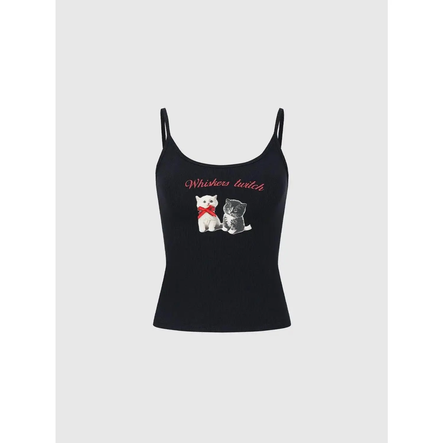 URBAN REVIVO Women's Cat Graphic Ribbed Spaghetti Strap Camisole - Comfortable Everyday Top with Close-Fit Casual Design, Breathable Lyocell-Modal Blend Fabric & Smooth Drape, Knit