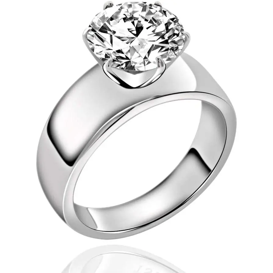 Stainless Steel 4 Carat Round Cubic Zirconia CZ Engagement Women Wedding Solitaire Promise Bands Ring