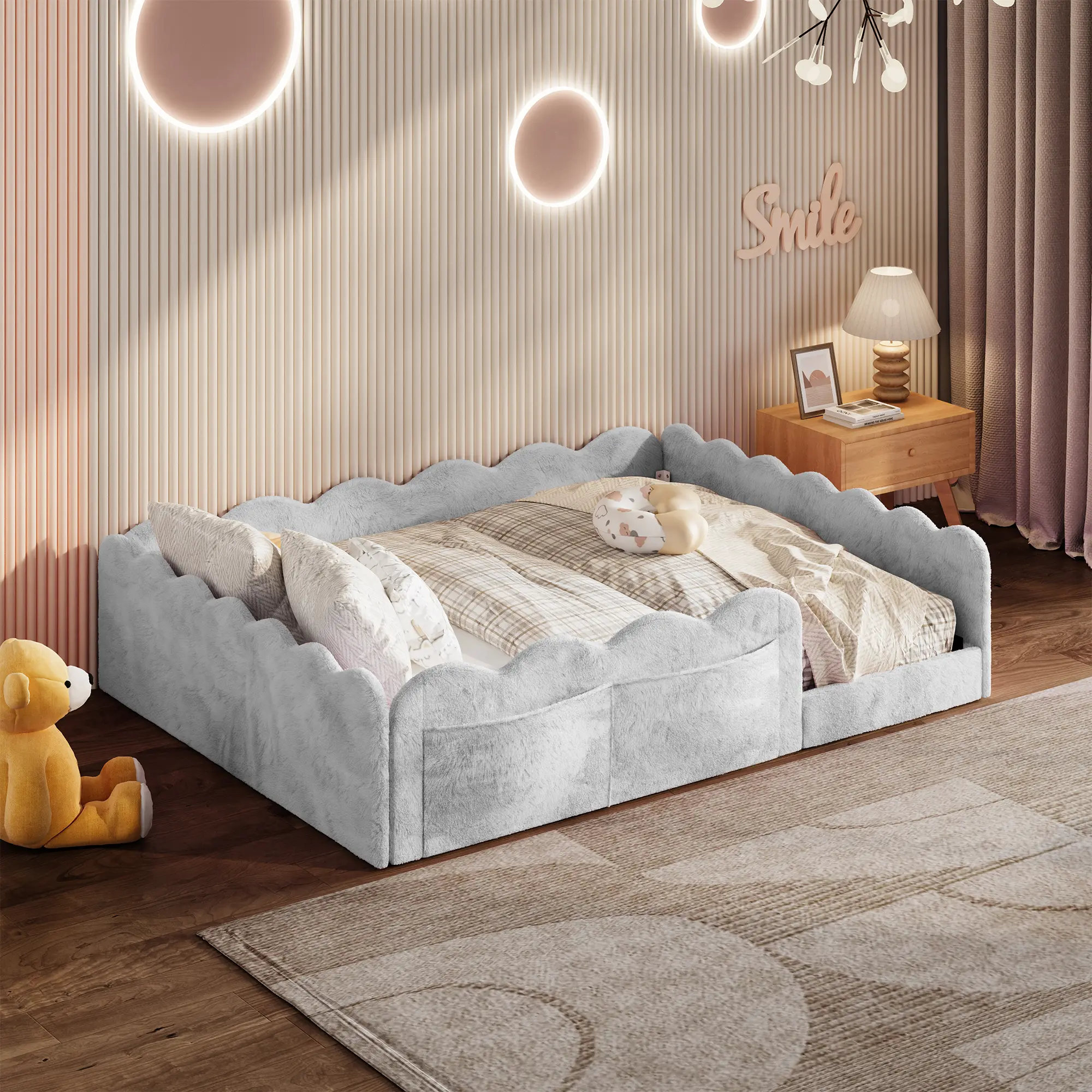 ARCH Full Size Montessori Low Profile Upholstered Floor Bed - Light Gray Rabbit Plush Fabric, High-Density Foam Padding, MDF & LVL Frame, 10 Slats, Wave Guardrails, Side Storage Pockets, Kids Toddler Bedroom Furniture, Full Mattress Fit