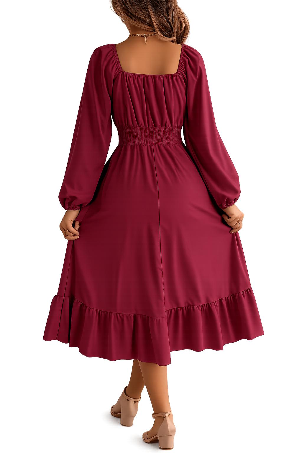 2026 Spring and Summer Leisure Solid Color Square Collar Long Sleeve Waist-Cinched A-Line Skirt