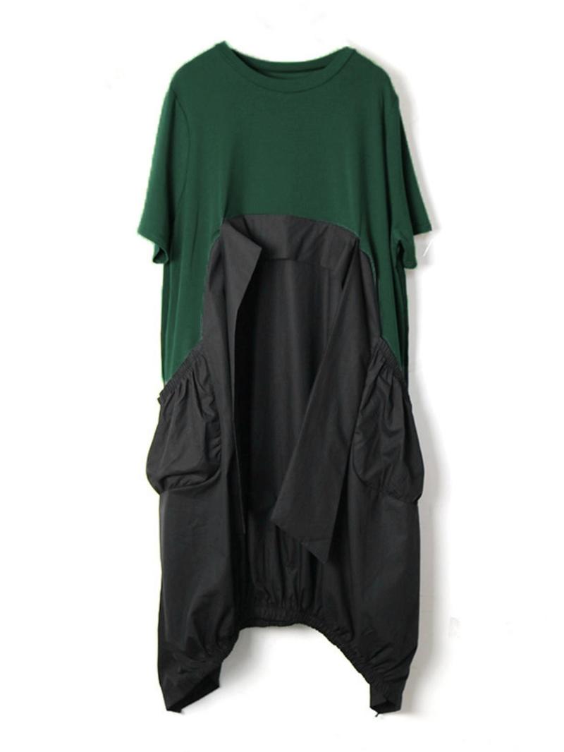 Women's Leather Patchwork Pocket Dress, Vintage Casual Style, Short Sleeve Midi Dress, Loose-Fitting Plain Design, Perfect for Everyday Wear