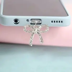 Full Diamond-Studded Bowknot Phone Dust Plug, Interface Protective and Sparkling Decorative Accessory, Protects Phone Ports from Dust and Lint, Small Daily Care Accessories for Phones, Computers, Headphones, Etc