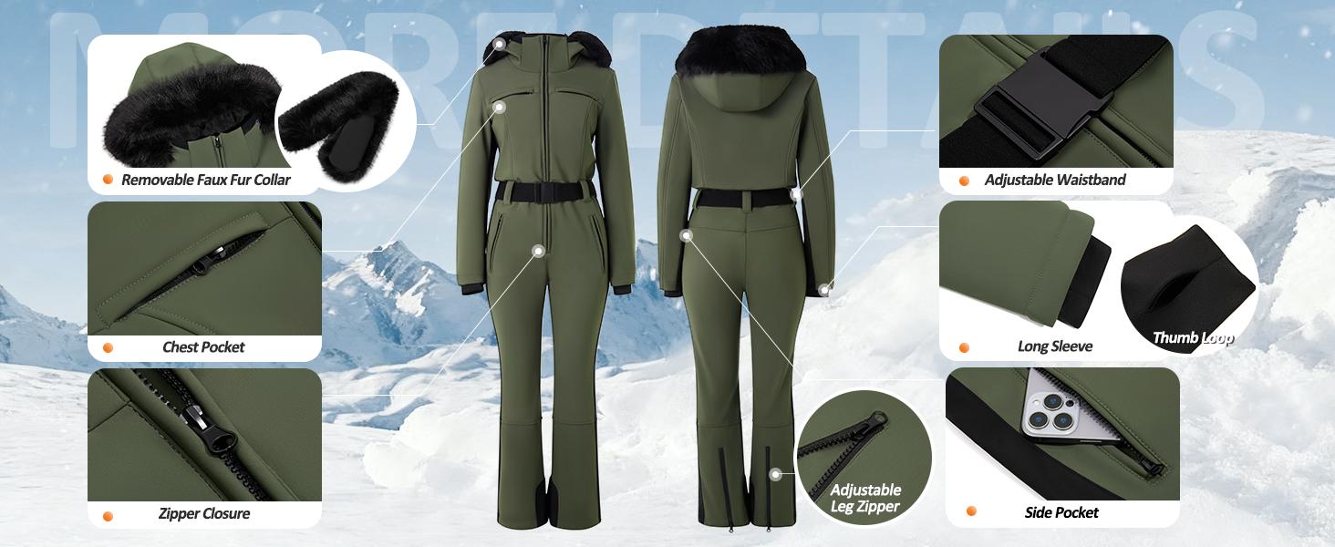 Yousify Womens Ski Suit One Piece Snowsuit Onesie Waterproof Windproof Ski Jacket Snowboard Sports Slim Jumpsuits Outerwear