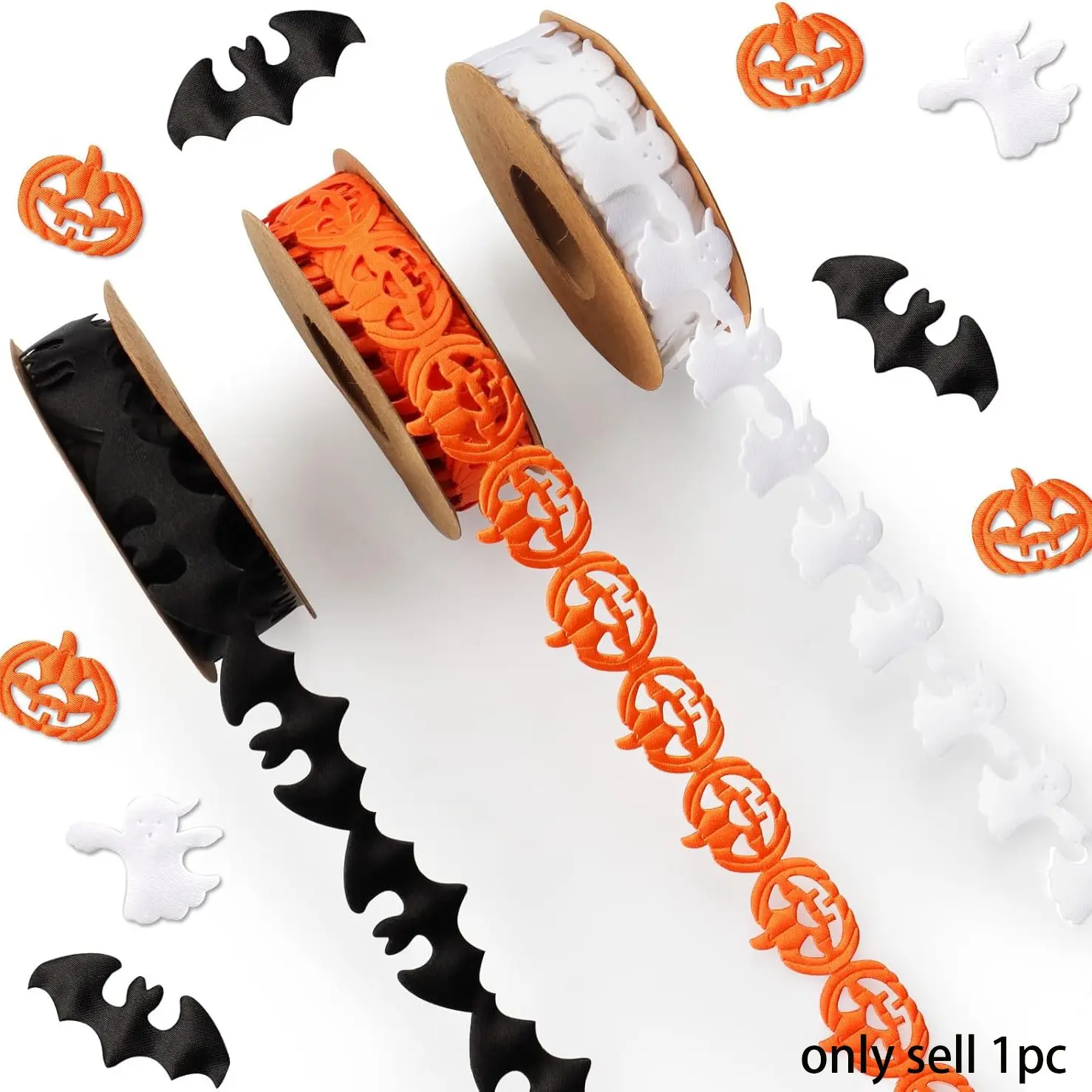 1 Roll Halloween Ribbons, 9 meters Black White Orange Festive Halloween Ribbons Pumpkin Bat Ghost Shape Craft Ribbons Trim Embellishment for Gift Wrapping Halloween Party Decoration