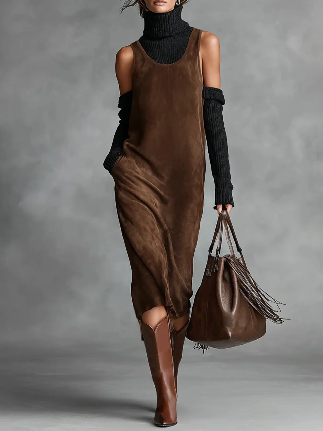 Vintage Western Style Suede Texture Sleeveless Vest Dress for Women, Loose Mid-Length with Pockets, Fall Winter Layering Long Dress