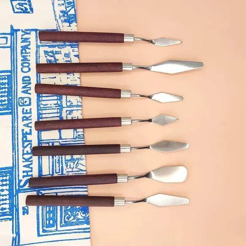 7Pcs Art Spatula Soft Paint Oil Painting Wooden Handle Palette Knife Set Gouache Painting Spatula