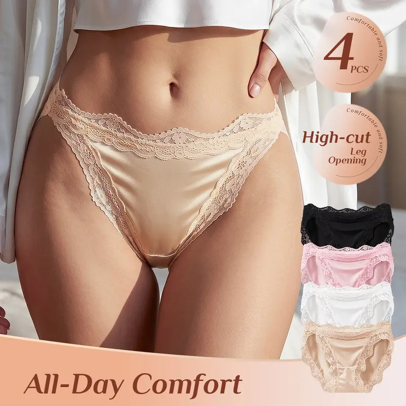 QUASTI 4 Pack Legant Floral Lace Waist & Leg Edges, High Cut Leg Design To Show Your Curve, Solid Versatile Colors For Women Everyday Underwear