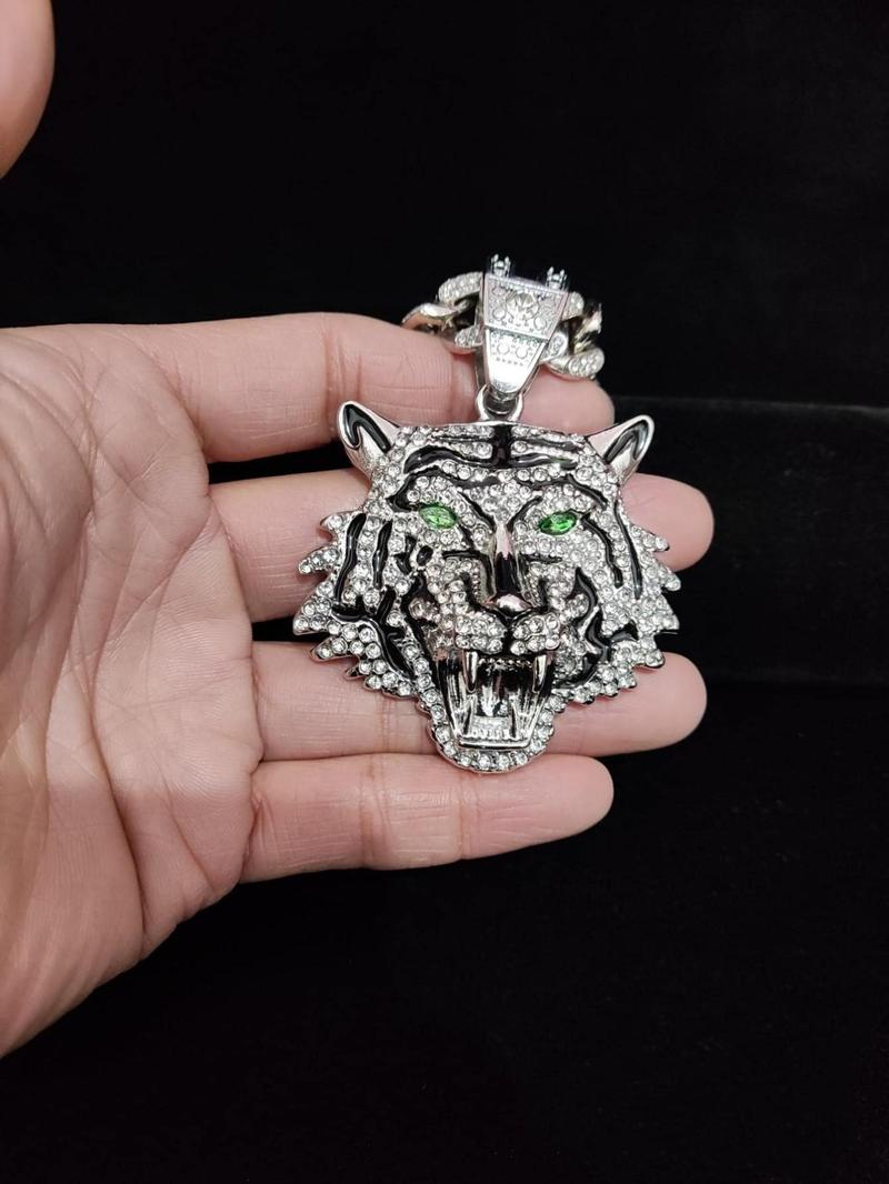Hip Hop Luxury Rhinestone Tiger Shaped Pendant Necklace for Men & Women, Summer Chunky Cuban Chain Necklace, Streetwear Necklace, Cuban Link Chain, Gift for Girlfriend