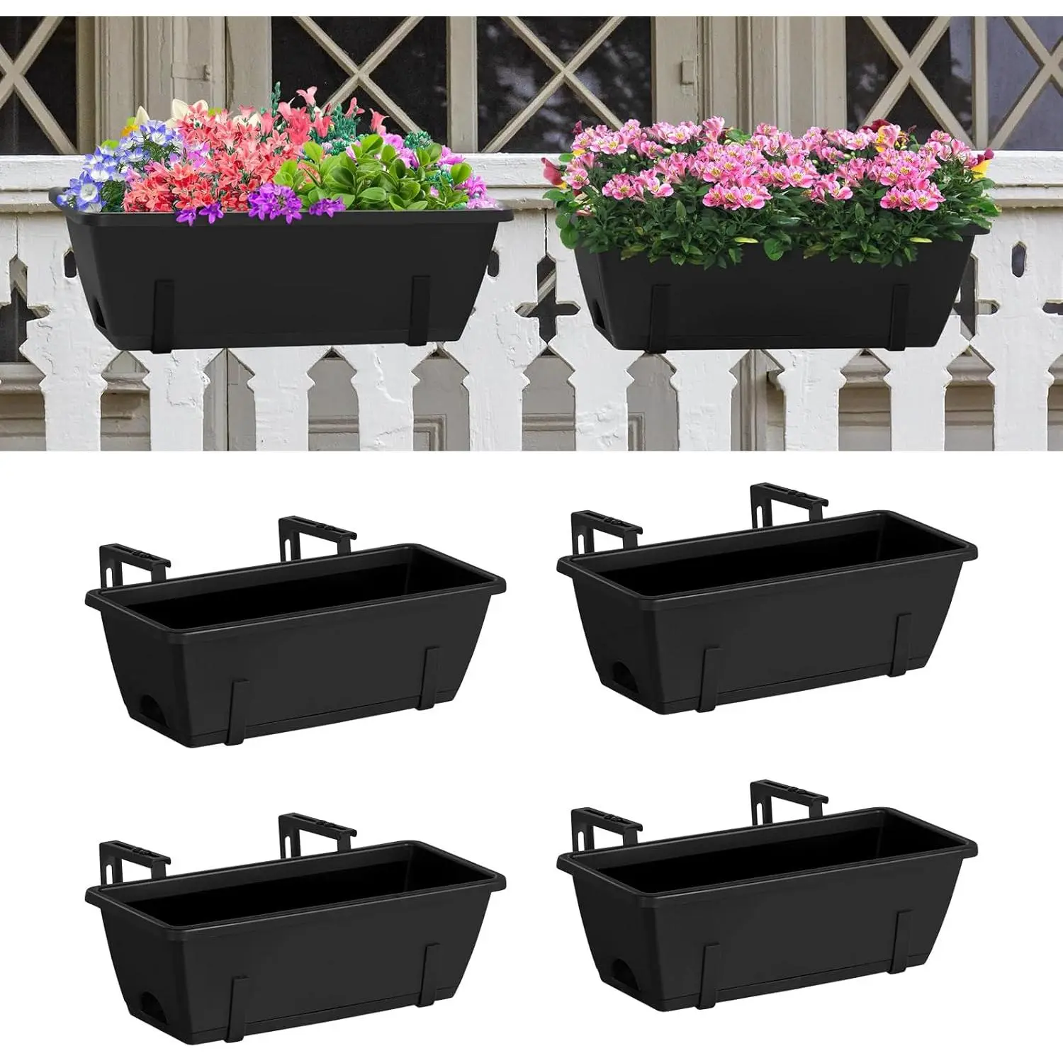 Railing Planter Box 4 Pack Window Boxes Planter with Adjustable Brackets 16.9 Inches Deck Railing Hanging Flower Boxes Black Balcony Planters Fence Hanging Planters for Outdoor